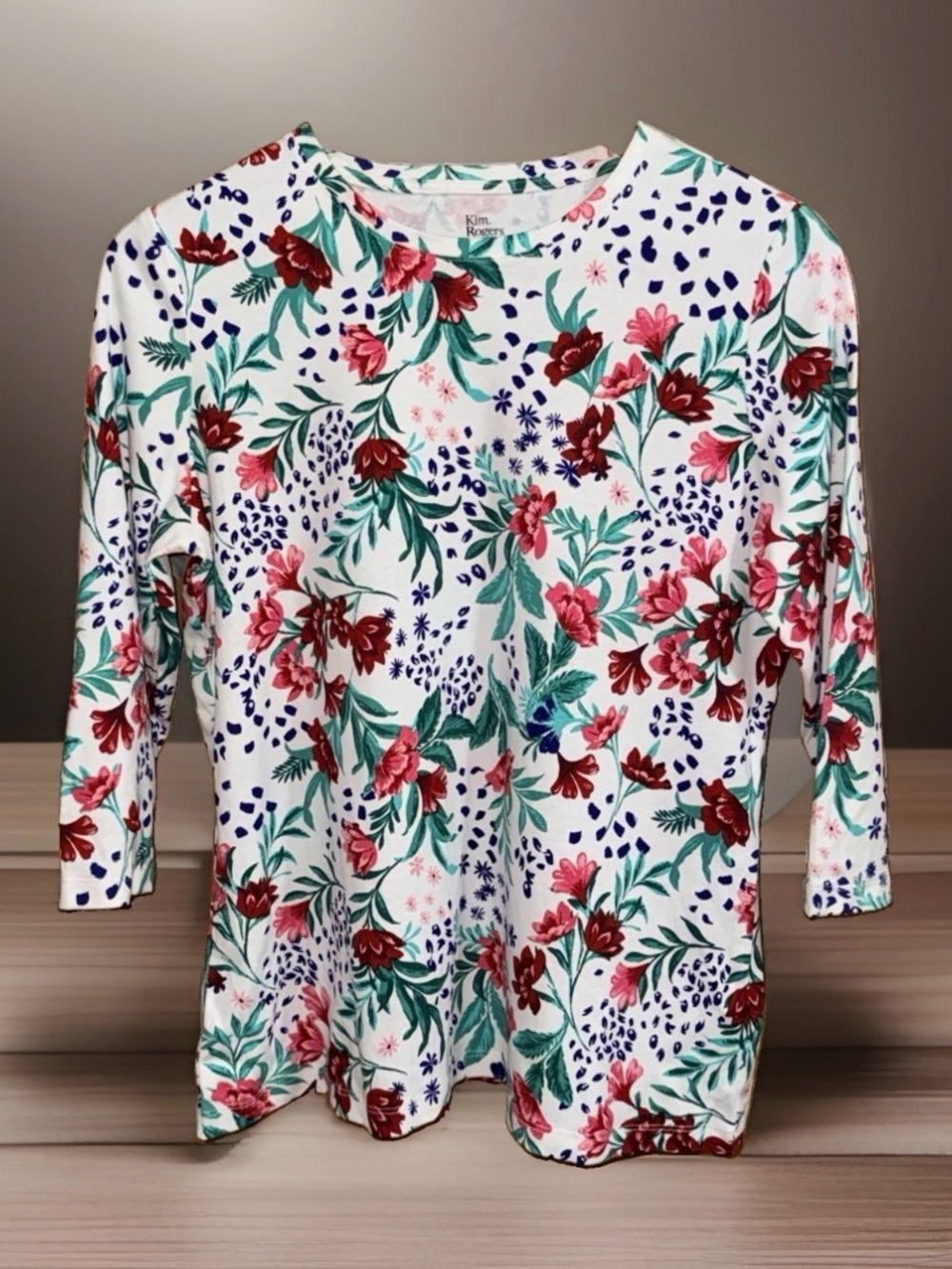 Kim Rogers Perfectly Soft White Floral 3/4-Sleeve Crewneck Top-PS-EC